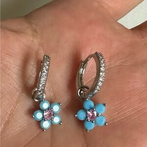 Silver and Blue Flower Hoop HUGGIE Earrings